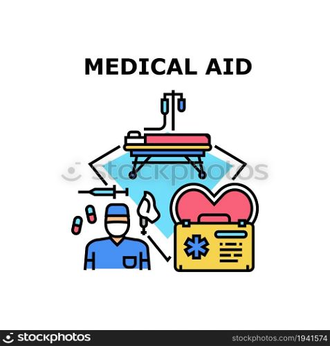Medical Aid Vector Icon Concept. First Medical Aid For Health Treatment Patient After Accident. Health Disease Treatment. Doctor With Professional Equipment For Help Color Illustration. Medical Aid Vector Concept Color Illustration