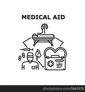 Medical Aid Vector Icon Concept. First Medical Aid For Health Treatment Patient After Accident. Health Disease Treatment. Doctor With Professional Equipment For Help Black Illustration. Medical Aid Vector Concept Black Illustration