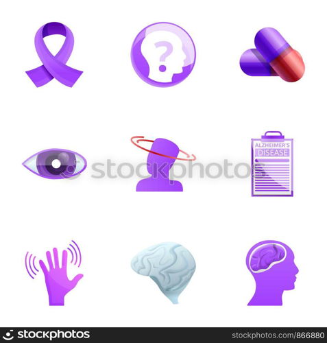 Medical Alzheimer disease icon set. Cartoon set of 9 medical Alzheimer disease vector icons for web design isolated on white background. Medical Alzheimer disease icon set, cartoon style
