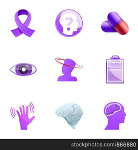 Medical Alzheimer disease icon set. Cartoon set of 9 medical Alzheimer disease vector icons for web design isolated on white background. Medical Alzheimer disease icon set, cartoon style