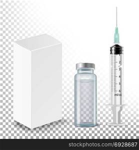 Medical Ampoule, White Package Box, Syringe Vector. Realistic Isolated Illustration. Medical Ampoule, White Package Box, Syringe Vector Realistic