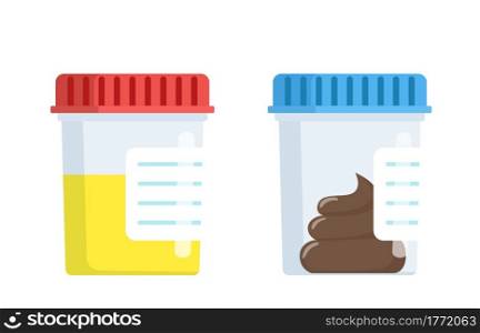 Medical analysis laboratory test urine stool in plastic jars with colored lids. Vector illustration in flat style. Medical analysis laboratory test