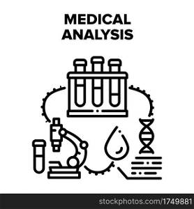 Medical Analysis Vector Icon Concept. Laboratory Flasks And Microscope For Researching And Testing Analysis And Dna Molecule. Lab Equipment And Ware For Testing And Analyzing Black Illustration. Medical Analysis Vector Black Illustrations