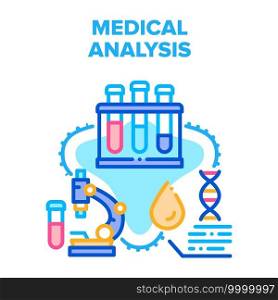 Medical Analysis Vector Icon Concept. Laboratory Flasks And Microscope For Researching And Testing Analysis And Dna Molecule. Lab Equipment And Ware For Testing And Analyzing Color Illustration. Medical Analysis Vector Concept Color Illustration