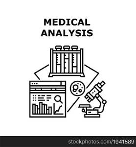 Medical Analysis Vector Icon Concept. Medical Analysis Researching In Laboratory. Microscope Lab Equipment For Analyzing Patient Blood, Digital Researchment. Glass Flasks Containers Black Illustration. Medical Analysis Vector Concept Black Illustration