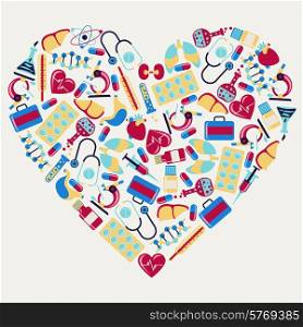 Medical and health care icons in the shape of heart.