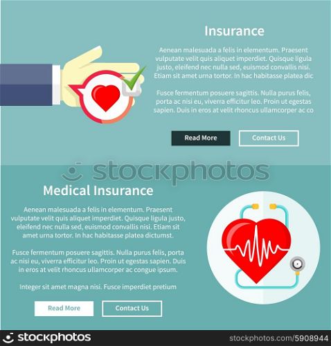 Medical and health insurance concept in flat style on banners with text and buttons read more and contact us. Can be used for web banners, marketing and promotional materials, presentation templates