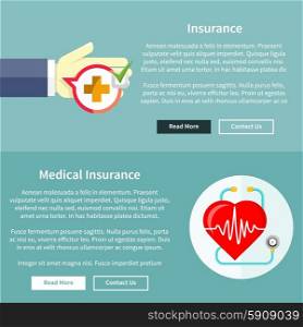 Medical and health insurance concept in flat style on banners with text and buttons read more and contact us. Can be used for web banners, marketing and promotional materials, presentation templates
