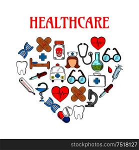 Medical and healthcare equipment icons in form of heart. Nurse or medic, sticking plaster or adhesive bandage, tooth and thermometer, pill or tablet as capsule, stethoscope and first aid kit, ambulance and dropper, snake around cup and DNA.. Medical equipment icons in form of heart