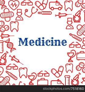 Medical and healthcare equipment icons in form of heart. Nurse or medic, sticking plaster or adhesive bandage, tooth and thermometer, pill or tablet as capsule, stethoscope and first aid kit, snake twined around cup and DNA, ambulance and glasses. Icons of equipment for medicine and healthcare