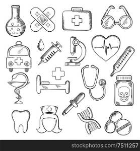 Medical and healthcare icons sketches with hospital and pharmacy signs, nurse, ambulance, first aid box, pills and syringe, stethoscope, heart ecg, tooth and glasses, dna and microscope. Vector . Medical and healthcare icons sketches