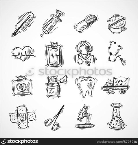 Medical and healthcare pharmacy and hospital icons sketch set isolated vector illustration