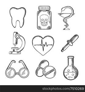Medical and healthcare sketched icons with a tooth, dentistry, poison, microscope, heart with ECG, spectacles, dropper and laboratory tube. Sketch style icons. Medical and healthcare sketched icons