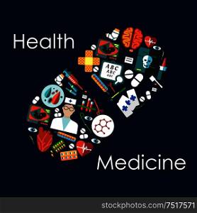 Medical and healthcare themed icons, arranged into silhouette of a pill, including doctor and medicine bottles, drugs and syringes, hearts and brain, thermometers and instruments, x ray and ultrasound scans. Flat style. Medical flat icons arranged into a pill