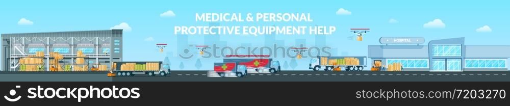 Medical and Personal Protective Equipment Help. Fast Delivering Goods from Warehouse to Supermarket Long Panoramic or Concept in Flat Design. Loaded Postal Drones and Cargo Trucks Delivering Freights