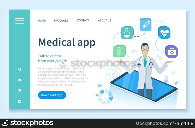 Medical app for clients, doctors help for patients. Consultation and healthcare in internet. Online communication with practitioner. Website or webpage template, landing page, vector in flat style. Medical App with Doctors Services Online, Web