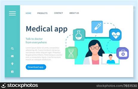 Medical app for treatment talk to doctor from anywhere. Healthcare technology for wireless device and consultation with nurse online. Website or landing page template, web page flat style vector. Consultation with Doctor Online Medical App Vector