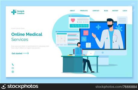 Medical app web landing page template vector. Healthcare industry innovative technologies, video call, diagnosis and treatment. First aid or online medical help, medicine application illustration. Online Medical Service Landing Web Page Template