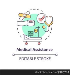 Medical assistance concept icon. Countries providing aid abstract idea thin line illustration. Essential medical treatment. Isolated outline drawing. Editable stroke. Arial, Myriad Pro-Bold fonts used. Medical assistance concept icon
