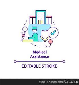 Medical assistance concept icon. Healthcare service. Government initiative abstract idea thin line illustration. Isolated outline drawing. Editable stroke. Arial, Myriad Pro-Bold fonts used. Medical assistance concept icon