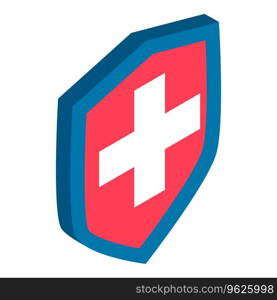 Medical assistance icon isometric vector. Shield with white cross image inside. Medical service, insurance. Medical assistance icon isometric vector. Shield with white cross image inside