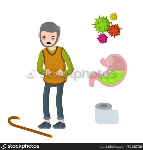 Medical assistance in case of poisoning. Set of indigestion Icons. Toilet paper, virus, bacteria and microbe. Old man holding belly. Poor nutrition of senior. Health problem. Diarrhea, upset stomach.. Medical assistance in case of poisoning.