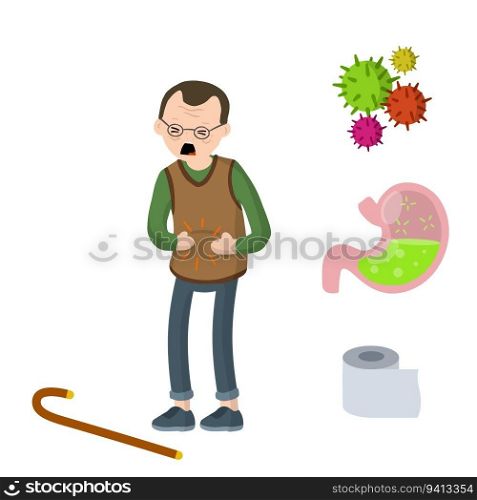 Medical assistance in case of poisoning. Set of indigestion Icons. Toilet paper, virus, bacteria and microbe. Old man holding belly. Poor nutrition of senior. Health problem. Diarrhea, upset stomach.