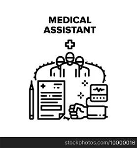 Medical Assistant Help Vector Icon Concept. Medical Assistant Examining And Checking Patient Blood Pressure With Medicine Equipment, Hospital Team Examination And Consultation Black Illustration. Medical Assistant Help Vector Black Illustrations
