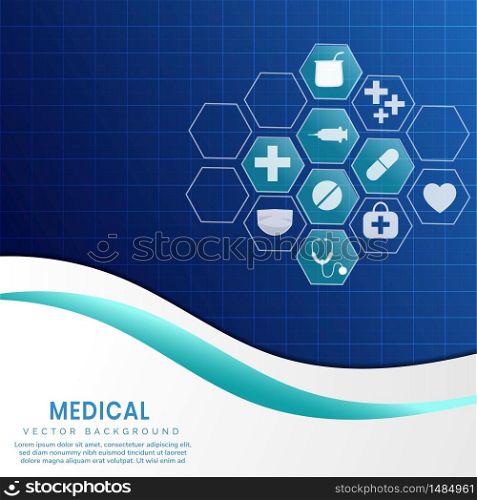Medical background of hexagon icon pattern on grid dark blue background. You can use for ad, poster, template, business presentation. Vector illustration