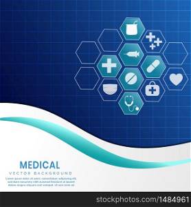 Medical background of hexagon icon pattern on grid dark blue background. You can use for ad, poster, template, business presentation. Vector illustration