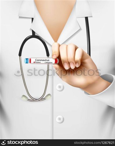 Medical background with nurse holding test tube with blood for analyzing coronavirus. Vector