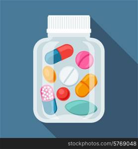Medical background with pills and capsules in bottle.. Medical background with pills and capsules in bottle