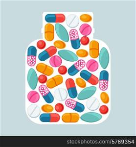 Medical background with pills and capsules in shape of bottle.. Medical background with pills and capsules in shape of bottle