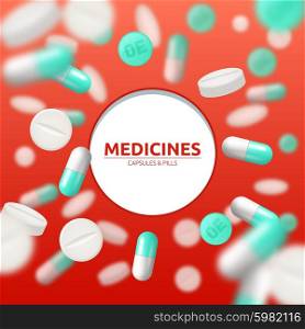 Medical background with white and green pills and capsules vector illustration. Pills Medical Illustration