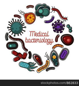 Medical bacteriology poster of viruses, bacteria and microbes. Vector flat design for biology study or medical healthcare concept for viruses, bacteria and microbes study. Viruses and bacteria poster for medical bacteriology science and healthcare or biology flat vector design