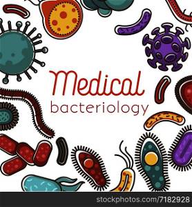 Medical bacteriology promo scientific poster with microscopic bodies. Microbiology banner with natural bacteria that have small tentacles cartoon flat vector illustration on white background.. Medical bacteriology promo scientific poster with microscpic bodies
