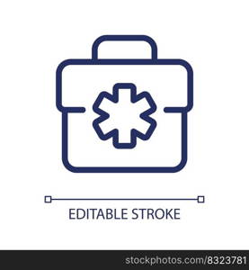 Medical bag pixel perfect linear ui icon. Doctor suitcase. First aid kit. Healthcare. GUI, UX design. Outline isolated user interface element for app and web. Editable stroke. Arial font used. Medical bag pixel perfect linear ui icon