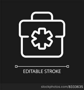 Medical bag pixel perfect white linear ui icon for dark theme. Doctor suitcase. First aid kit. Vector line pictogram. Isolated user interface symbol for night mode. Editable stroke. Arial font used. Medical bag pixel perfect white linear ui icon for dark theme