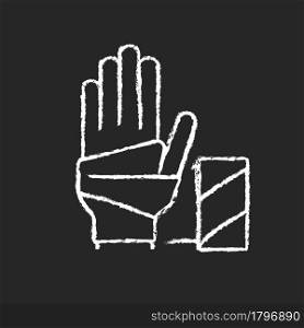 Medical bandage chalk white icon on dark background. Bandaged hand. Sterile wound dressing. Stop bleeding. Medical gauze. Supporting muscles sprain. Isolated vector chalkboard illustration on black. Medical bandage chalk white icon on dark background