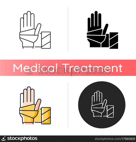 Medical bandage icon. Bandaged hand. Sterile wound dressing. Stop bleeding. Medical gauze. Supporting muscles sprain. Adhesive tape. Linear black and RGB color styles. Isolated vector illustrations. Medical bandage icon