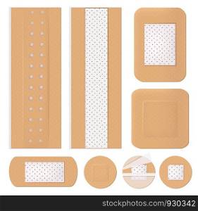 Medical bandage. Plastering shapes adhesive healthcare medicine plaster antiseptic vector isolated. Medical plaster bandage, medicine adhesive strip illustration. Medical bandage. Plastering shapes adhesive healthcare medicine plaster antiseptic vector isolated