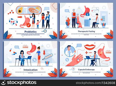 Medical Banner Set Advertising Stomach Disease Treatment. Probiotics, Therapeutic Fasting, Intoxication Cure, Capsule Endoscope Examination and Diagnosis. Flat Cartoon Vector Illustration. Medical Banner Set Advertising Disease Treatment