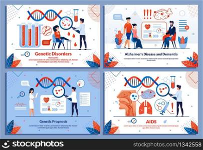 Medical Banner Set for Sickness Research and Treat. Genetic Disorders and Prognosis, Alzheimer Disease and Dementia, AIDS. Vector Cartoon Doctors in Uniform Illustration with Inscription and Text. Medical Banner Set for Disease Research and Treat