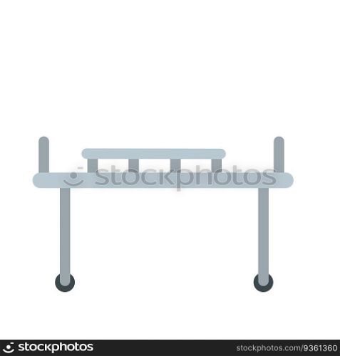 Medical bed on wheels. Decoration of clinic. Hospital bed or stretcher. Flat simple illustration isolated on white. Medical bed on wheels. Decoration of clinic.