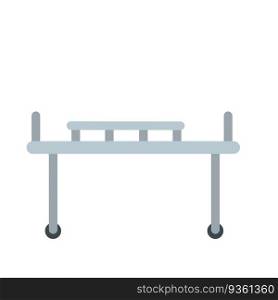 Medical bed on wheels. Decoration of clinic. Hospital bed or stretcher. Flat simple illustration isolated on white. Medical bed on wheels. Decoration of clinic.