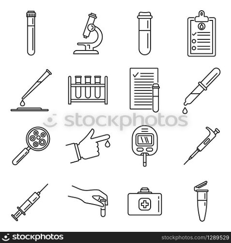 Medical blood test icons set. Outline set of medical blood test vector icons for web design isolated on white background. Medical blood test icons set, outline style
