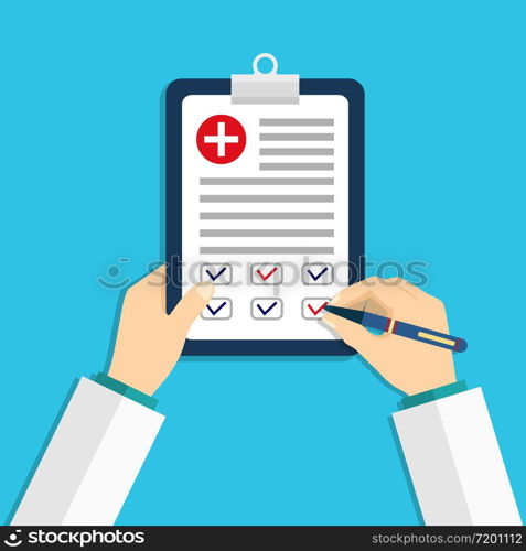 Medical board with clip. Doctor hold in hand clipboard with clinic report. Document of patient check. Medicine prescription for treatment. Health test in note. Form record clinical research. Vector.. Medical board with clip. Doctor hold in hand clipboard with clinic report. Document of patient check. Medicine prescription for treatment. Health test in note. Form record clinical research. Vector