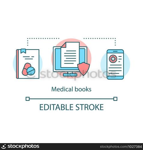 Medical books concept icon. Clinical studies literature idea thin line illustration. Health treatment and recommendations. Online therapeutic receipts. Vector isolated outline drawing. Editable stroke