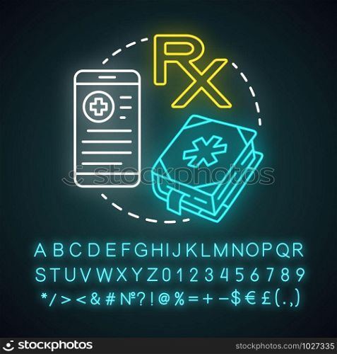 Medical books neon light concept icon. Health treatment literature idea. Medicine and first aid instructions. Glowing sign with alphabet, numbers and symbols. Vector isolated illustration