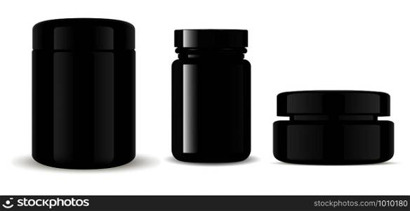 Medical Bottle Mockup. Black Glass Container, Cosmetic Cream Jar. Pharmaceutical Product Packaging Design, Isolated on White Background. Clear Drug Vial and Tube without Label. Realistic Bottles Set. Medical Bottle Mockup. Black Glass Container, Jar